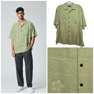 Bermuda Bay Mens Silk Hawaiian Shirt Aloha Print Short Sleeve Pastel Green M